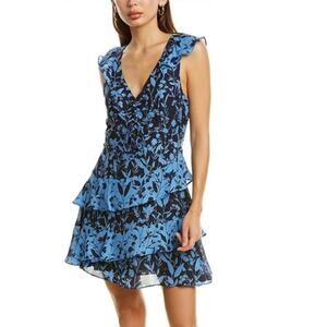 PARKER Paola Blue Silk Ruffled Floral-Print Mini Dress Size 8